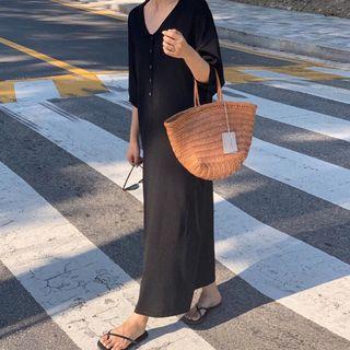 Elbow-sleeve Split Midi Polo Knit Dress