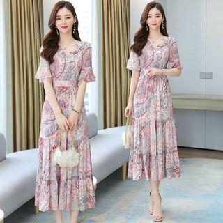 Short-sleeve Paisley Print Midi A-line Chiffon Dress