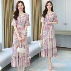 Short-sleeve Paisley Print Midi A-line Chiffon Dress