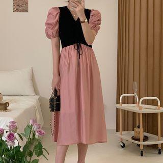Puff-sleeve V-neck Panel Maxi Dress