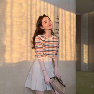 Set: Short-sleeve Striped Knit Top + Mini A-line Skirt