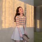 Set: Short-sleeve Striped Knit Top + Mini A-line Skirt