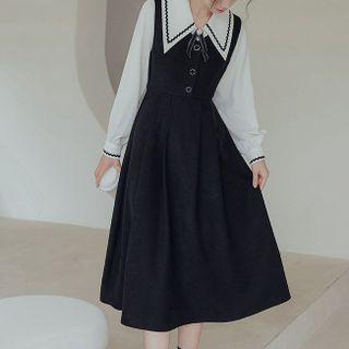 Set: Contrast Trim Shirt + Henley Midi Overall Dress
