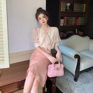 Puff Elbow-sleeve Lace-up Chiffon Top / High-waist Fish Tail Midi Skirt