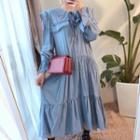 Long-sleeve Lace Trim Wide Collar Midi Dress Blue - One Size