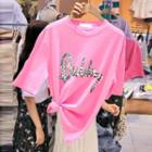 Elbow-sleeve Sequin Lettering T-shirt