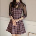 Mesh Panel Plaid 3/4-sleeve A-line Mini Dress