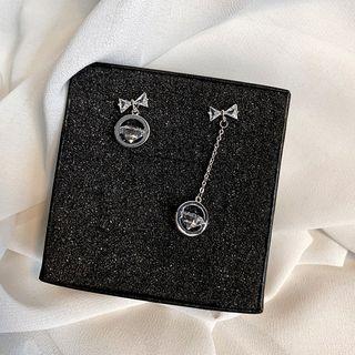 Non-matching Rhinestone Bow Dangle Earring 1 Pair - Silver - One Size