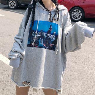 Long Sleeve Printed Distressed Hoodie