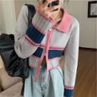 Color Block Collared Zip-up Cropped Cardigan