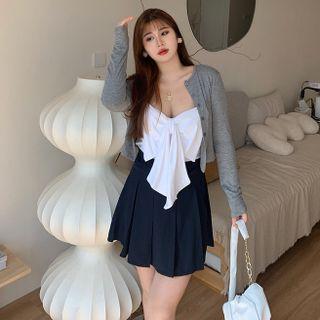 Plus Size Plain Cardigan / Bow-accent Camisole / Skirt