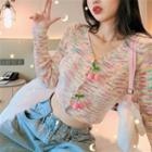 V-neck Tie-dyed Cherry Accent Cropped Cardigan Pink - One Size