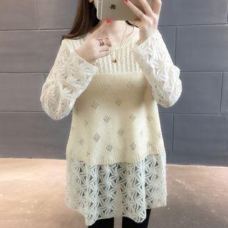 Lace Panel Pointelle Knit Sweater