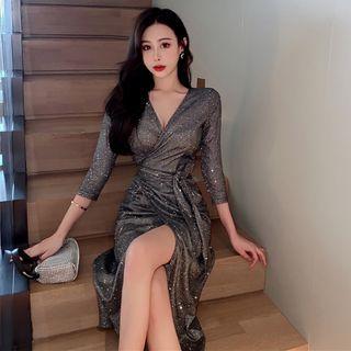 3/4-sleeve Glitter Wrap Sheath Dress