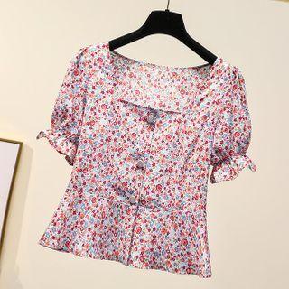 Short-sleeve Floral Print Square-neck Top