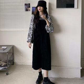 Long-sleeve Zebra Print Top / Midi A-line Pinafore Dress