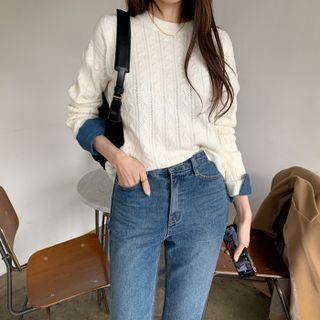 Denim-cuff Cable-knit Sweater