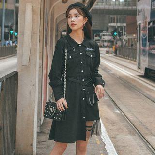 Letter Embroidered Mesh Panel Long-sleeve Shirt Dress