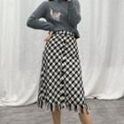 Plaid Fringed Trim Midi A-line Skirt