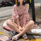 Set: Shirred Camisole Top + Drawstring Shorts + Open-front Jacket
