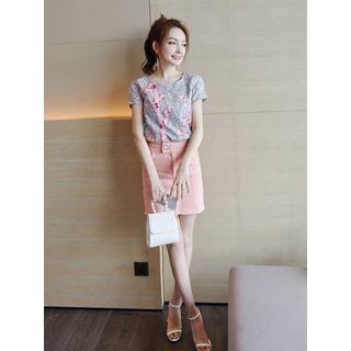 Set: Flower Embroidered Short-sleeve Top + High-waist Denim Mini Straight-fit Skirt