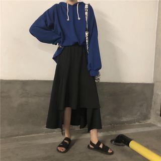 Plain Puff-sleeve Hoodie / Irregular Hem Midi A-line Skirt
