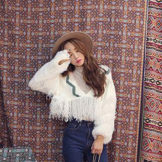 V-neck Fringed Knit Top
