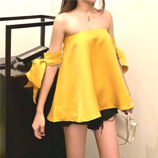 Off-shoulder Bow Accent Plain Chiffon Top As Shown In Figure - One Size