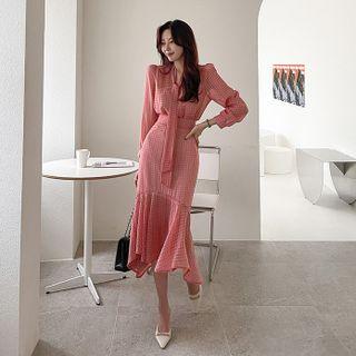 Set: Scarf-neck Plaid Blouse + Dip-back Long Mermaid Skirt
