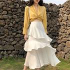 V-neck Crop Blouse / High Waist Midi Layered Skirt