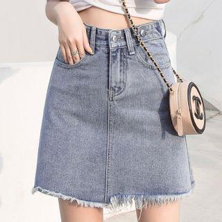Fringed Hem Denim Straight-fit Skirt