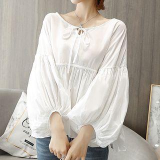 Lace-up Lantern-sleeve Blouse White - One Size