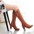 Faux Leather Rhinestone Dangle Block Heel Tall Boots