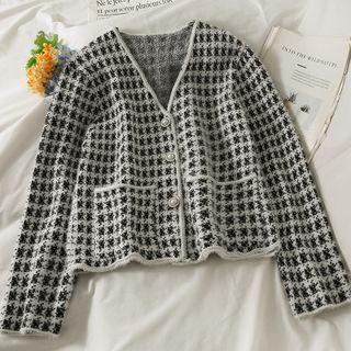 Houndstooth Loose-fit Knit Cardigan With Pockets White - One Size
