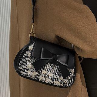 Bow Accent Plaid Panel Crossbody Bag