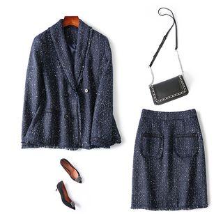 Fringed Trim Tweed Double-breasted Blazer / Pencil Skirt