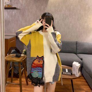 Color Block Cat Applique Sweater