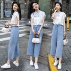 Set: Tie-neck Short-sleeve Blouse + Gaucho Pants