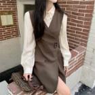 Long-sleeve Plain Shirt / Sleeveless V-neck Mini Dress