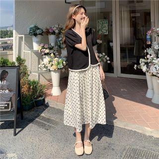 Short-sleeve Top / Dotted Midi A-line Skirt