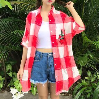Rose Embroidered Gingham Long Shirt