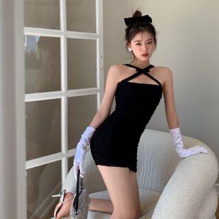 Halter-neck Bow Mini Dress Black - One Size