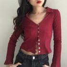 Collared Buttoned Long-sleeve Cropped Top