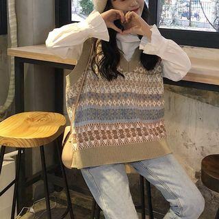 Ruffle Trim Blouse / Patterned Knit Vest