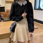 Long-sleeve Lace Collar Shirt / Mini Pleated Skirt