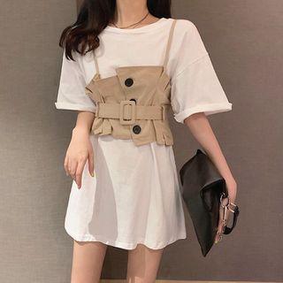 Elbow-sleeve Plain T-shirt / Buckled Camisole Top