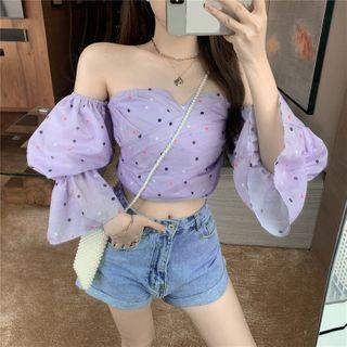 Puff-sleeve Off-shoulder Dotted Crop Top
