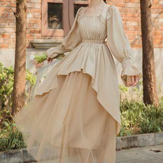 Bell-sleeve Square-neck Mesh Panel Maxi Dress