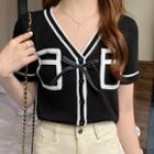 Short-sleeve Bow Contrast Trim Cardigan