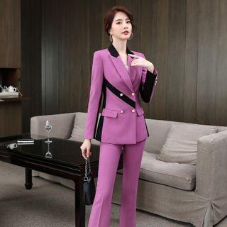 Set: Paneled Double-breasted Blazer + Straight-cut Pants